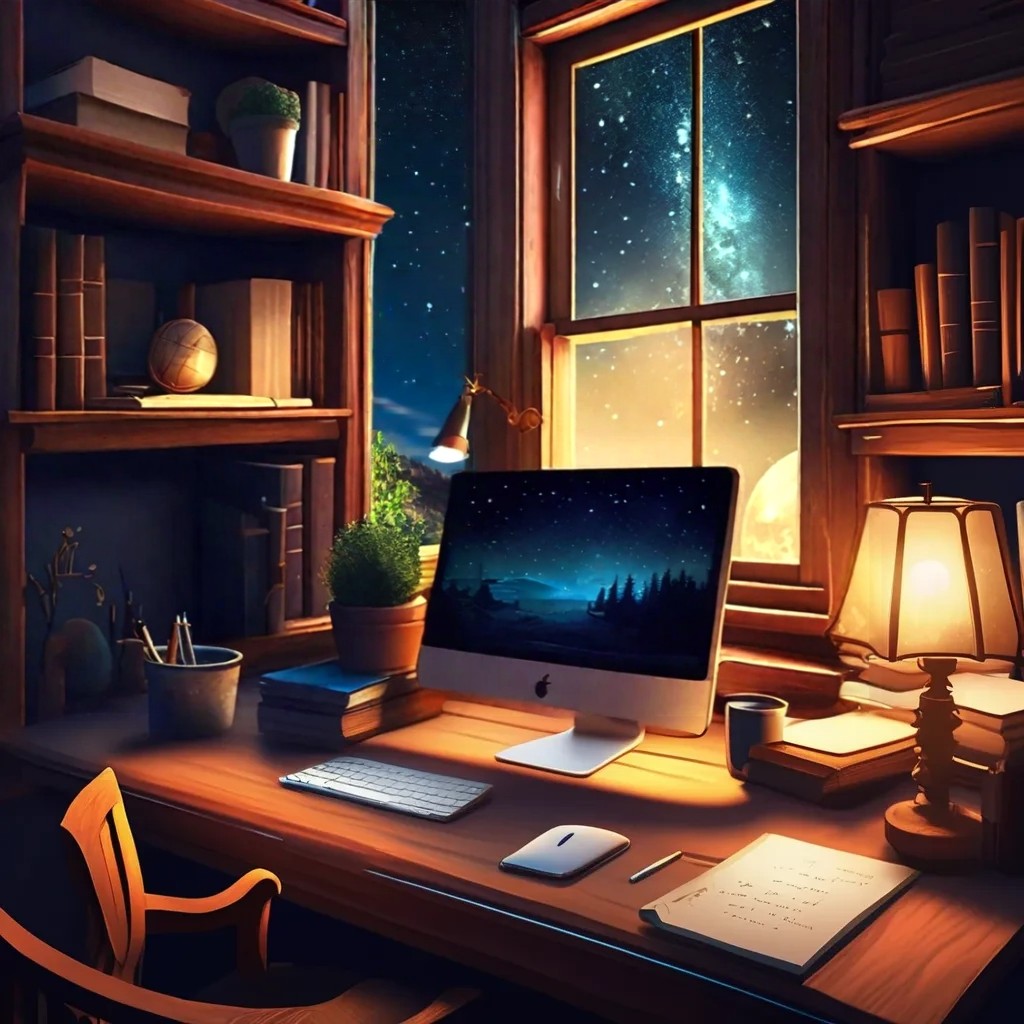 writing desk with starry night background